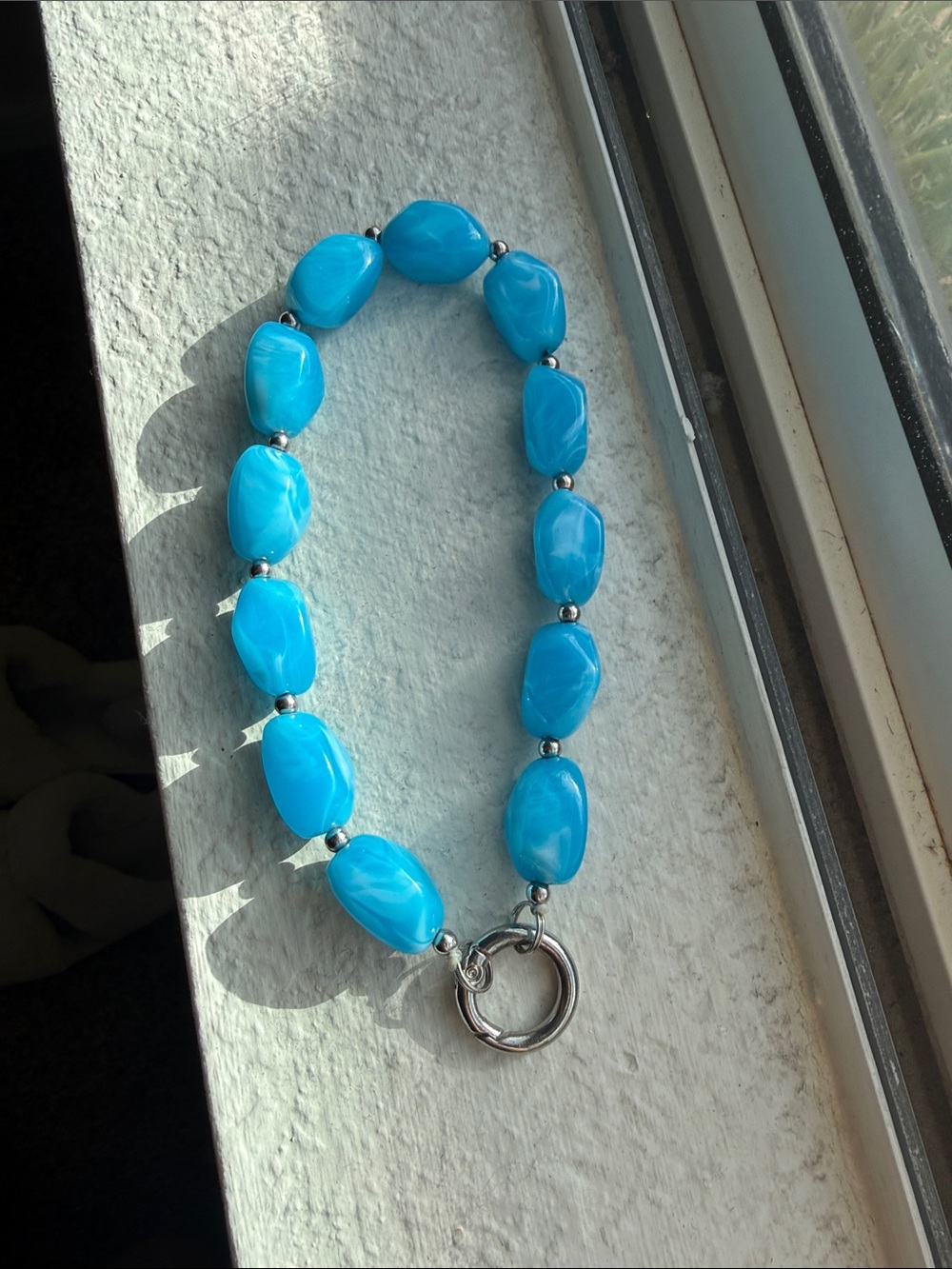 Bright Blue Beaded Phone Charm with Silver Ring
